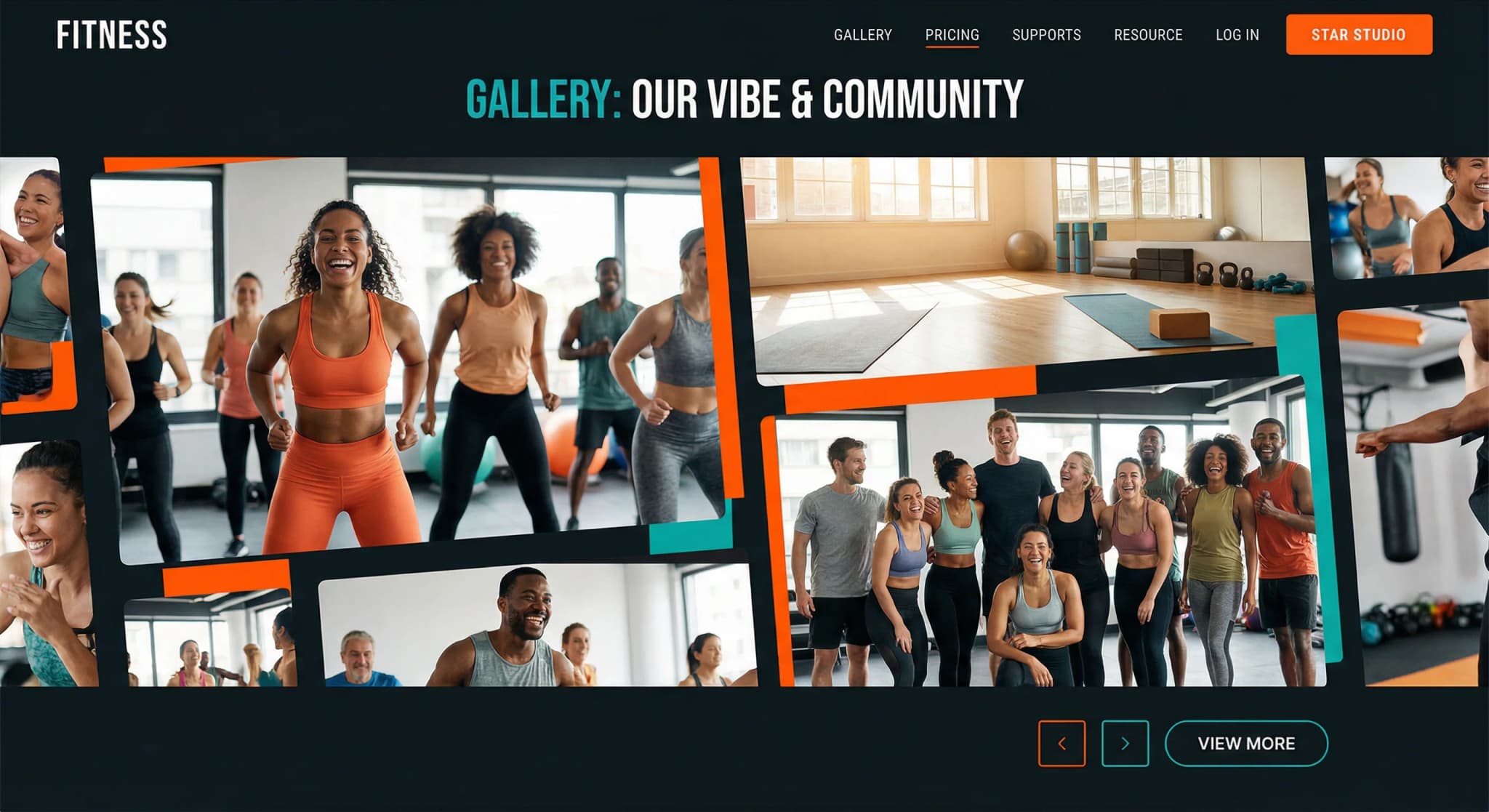 Fitness studio gallery with class photos and community imagery