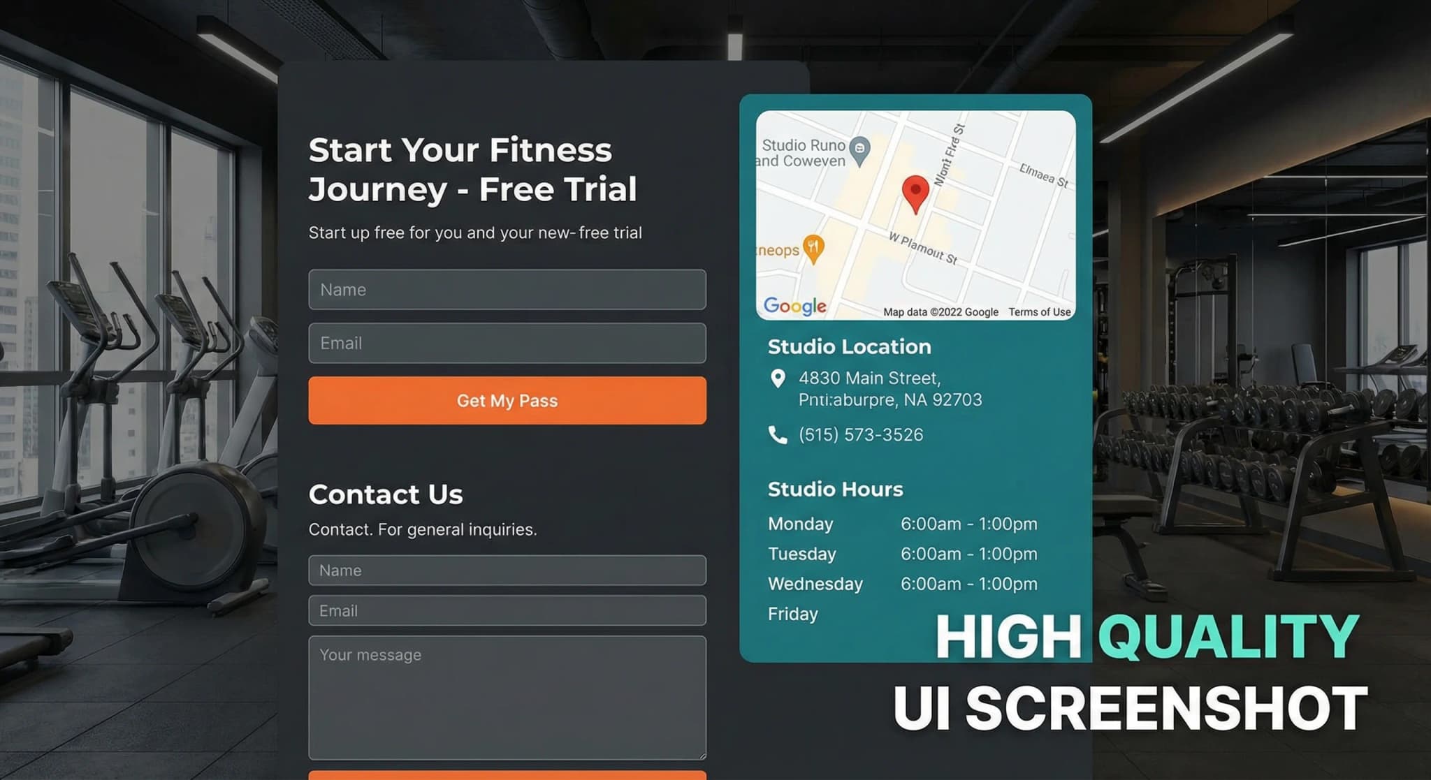Fitness website with contact options and trial signup