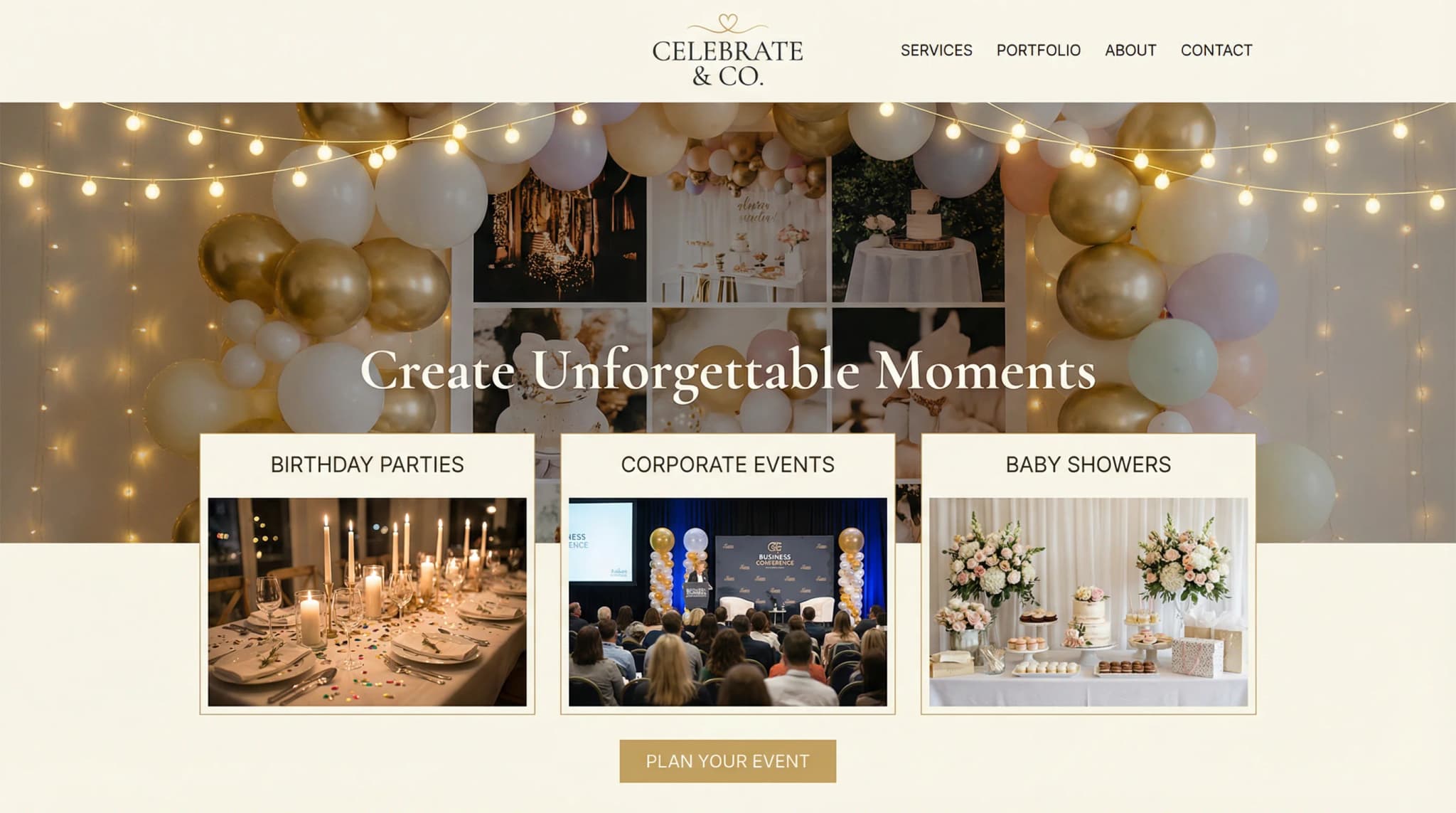 Website design example for Party Planners