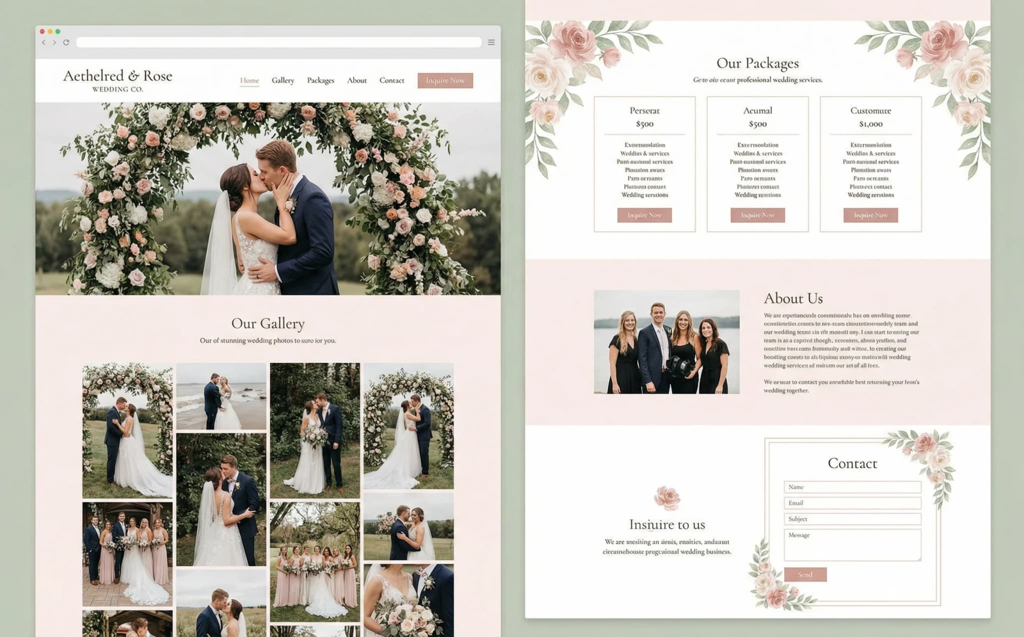 Weddings & Events website on desktop, tablet, and mobile
