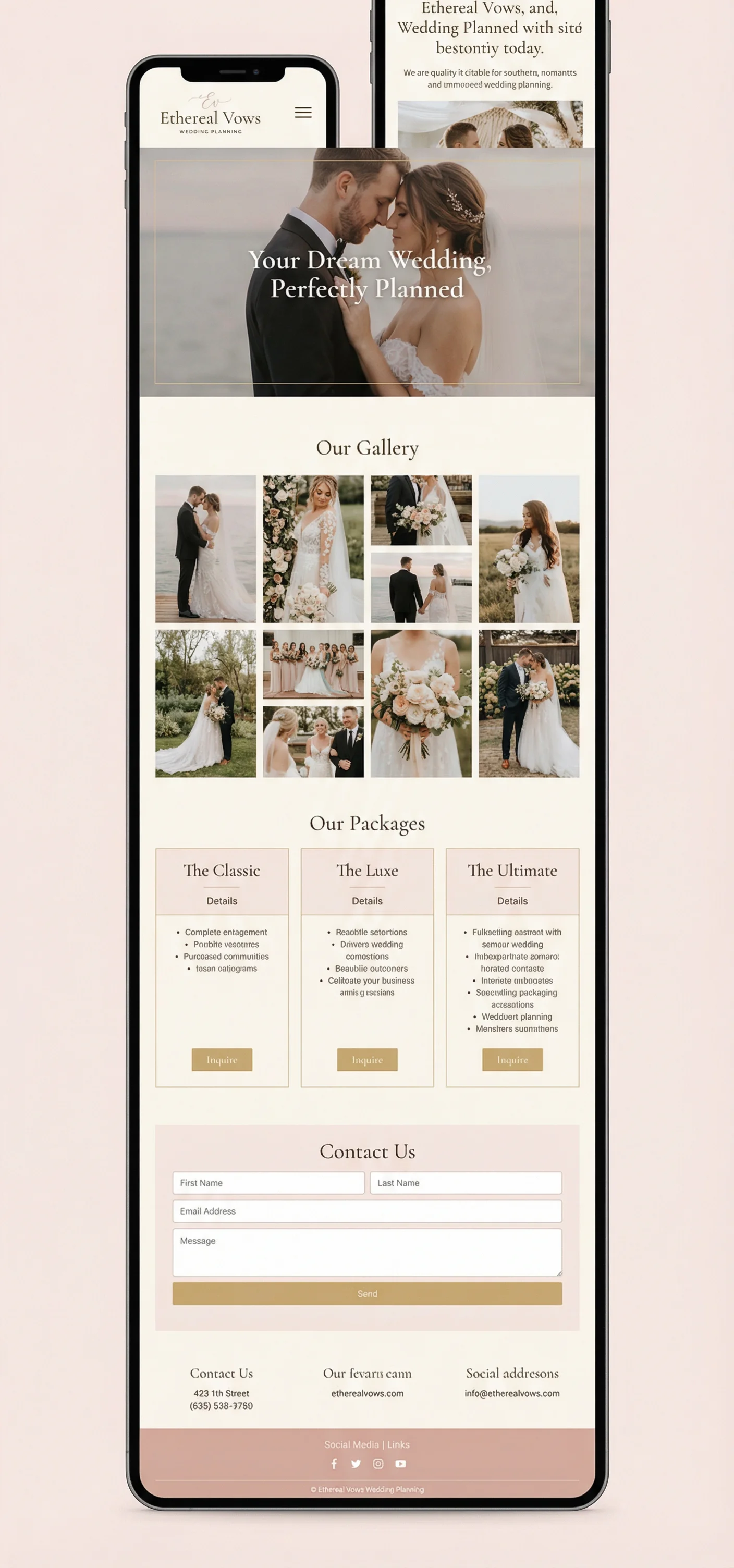Weddings & Events website on desktop, tablet, and mobile